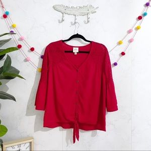 Knox Rose Boho Lace Bell Sleeve Button Tie Front Blouse Top LARGE